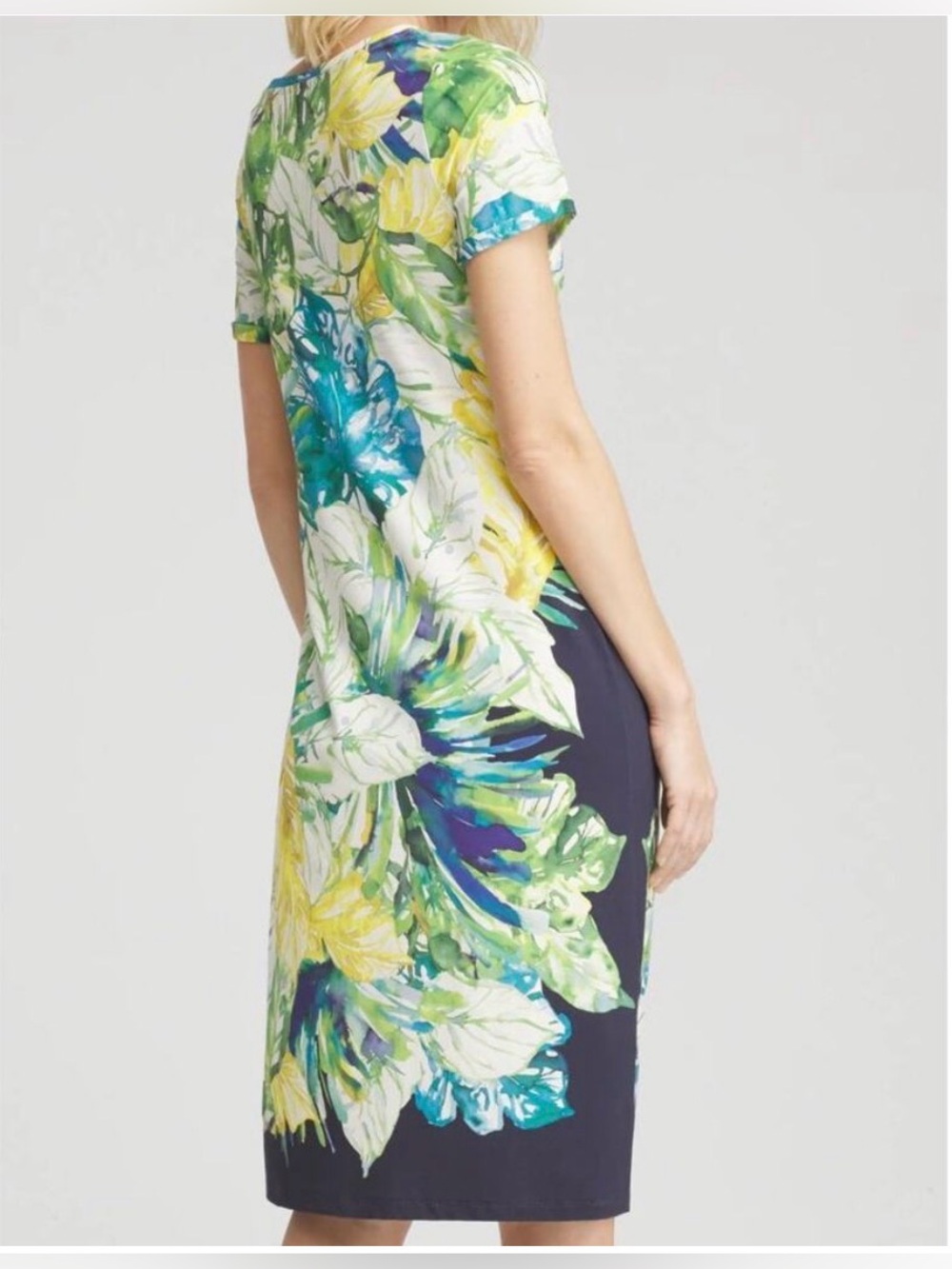 Chico's Twist-Front Tropical Floral Dress - Blue Yellow Midi Sz 1 (Small) - Picture 3 of 11